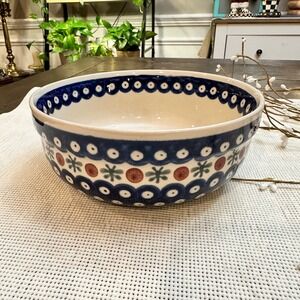 Boleslawiec Polish Pottery Serving Bowl Blue Dots Pattern Handmade In Poland 7 "